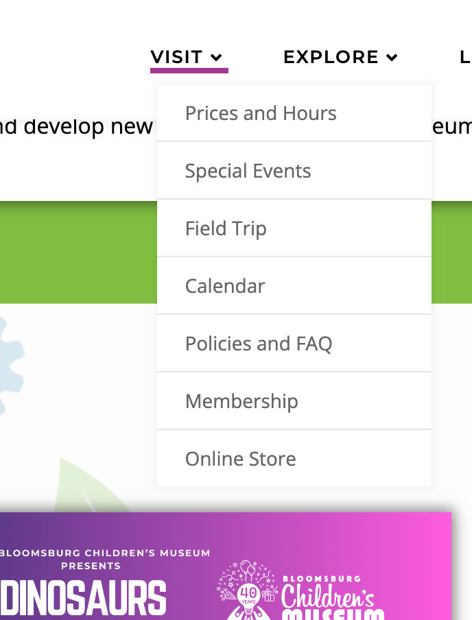 Under the visit menu item, there are many options including "calendar"